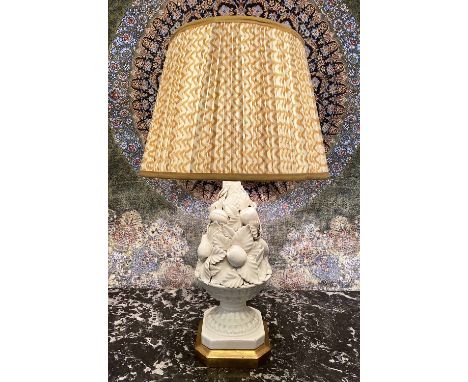 CASA PUPO TABLE LAMP, Spanish circa 1950's, ceramic fruit and leaf design on stepped gilt wood base with Pooky shade, 70cm H.