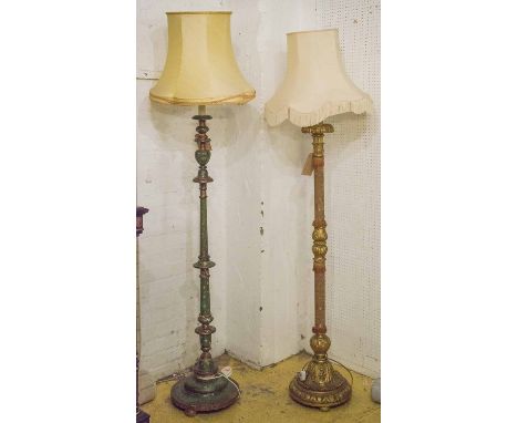 STANDARD LAMP, early 20th century Continental giltwood and fabric covered with shade, 190cm H and another green and gilt lamp