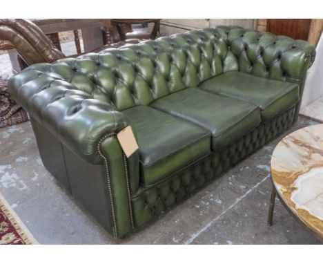 CHESTERFIELD SOFA, three seater, with deep buttoned green leather upholstery, 186cm x 90cm x 68cm H.