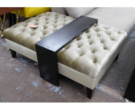FOOTSTOOL, deep buttoned in shimmering light gold upholstery with ebonised sliding tray, 125cm x 45cm H x 83cm.
