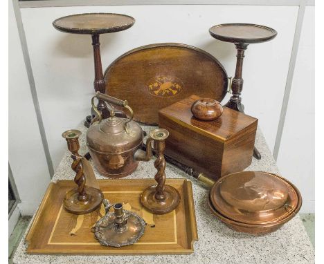WINE TABLE, Edwardian inlaid mahogany 51cm H, another modern, inlaid oval tray, modern penguin tray, rosewood box, treen yew 