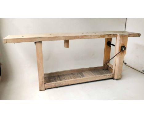 WORKBENCH, early 20th century sycamore beech and pine rectangular with vice and undertier shelf, 218cm x 43cm x 82cm H.