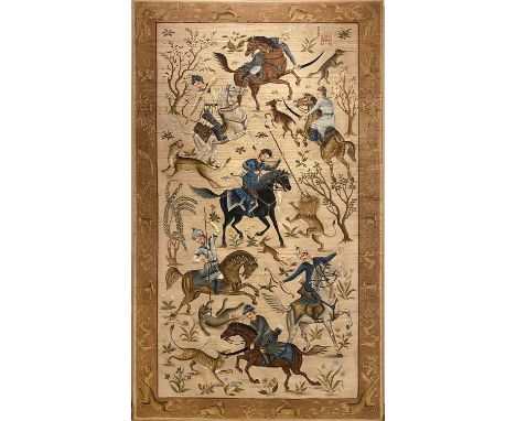 PERSIAN HUNTING SCENE, painted on silk. signed top right, framed, 154cm x 88cm.