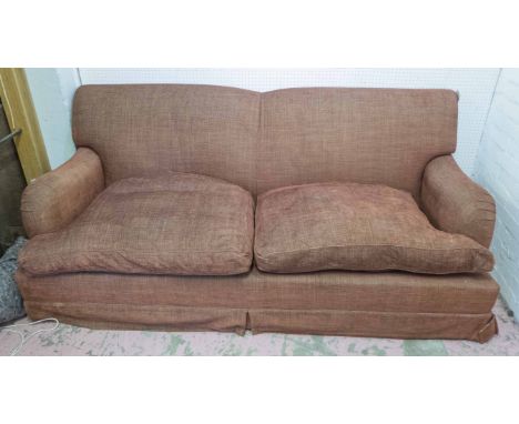 SOFA, Howard style in a russet fabric, 201cm W x 98cm D x 88cm H. (with faults)