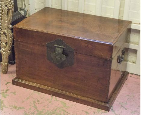 TRUNK, Chinese elm with hinged top and iron handles, 56cm H x 90cm W x 63cm D. (minor faults)