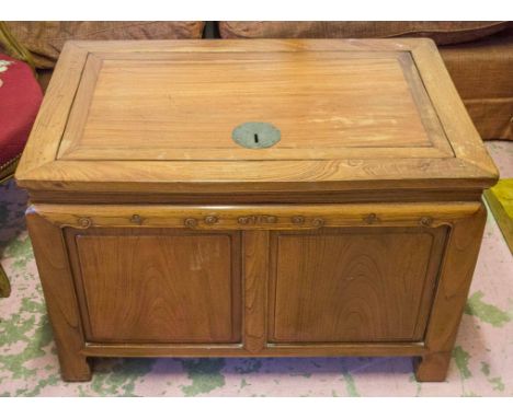 TRUNK, Chinese Elm with a removable lid and panelled front and sides, 55cm D x 86cm W x 57cm H.