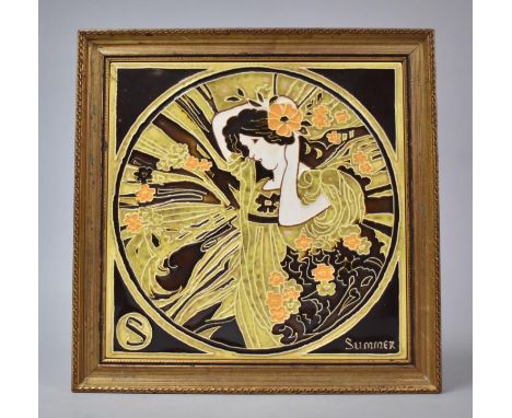 A Modern Gilt Framed Ceramic Tile, "Summer", 20cm Square 