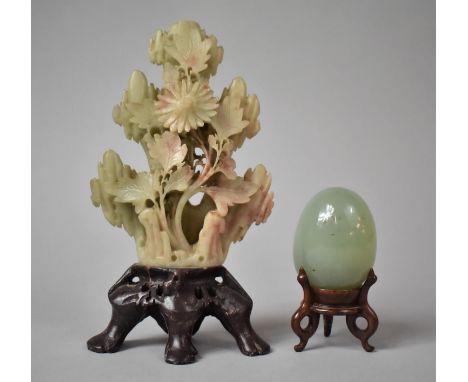 A Carved Soapstone Item on Stand Together with a Jadeite Egg on Stand 