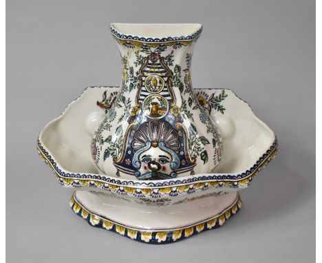 A Portuguese Wall Hanging Basin and Cistern with Tap Having Hand Painted Decoration by A Nukes, Cistern 26cm high, Varying Co