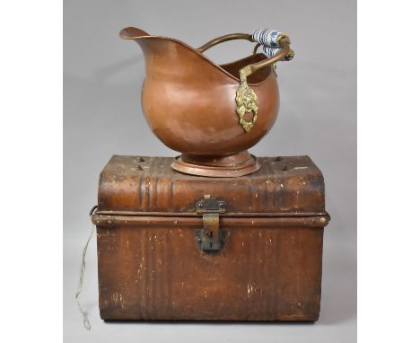 A Vintage Scumble Glazed Two Handled Travelling Trunk, 50cm wide, Together with a Copper Helmet Shaped Coal Scuttle in Need o