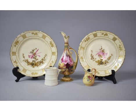 A Royal Worcester Blush Ivory Rose Decorated Jug (AF) Together with Miniature Worcester Jugs and Pair of Limoges Plates 