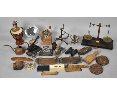 A Collection of Sundries to Include Postage Scales, Coffee Grinder, Metalwares, Letter Presses, Jelly Moulds, Butter Pats, Fo