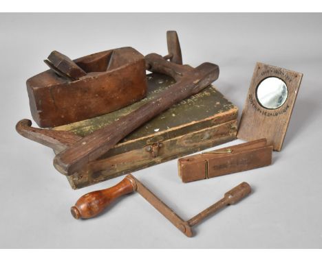 A Collection of Wooden Curios to Include Table Winder, Vintage Parts Box, Block Plane, Souvenir De Salonique Mirror 1916-18 e