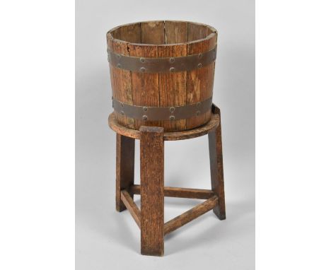 A Mid 20th Century Brass Banded Oak Planter on Tripod Stand, 28cm Diameter 
