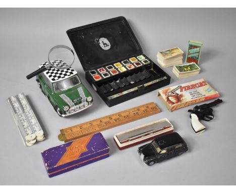 A Vintage Watercolour Set by Rowney Together with Toy Cars, Folding and Advertising Rulers, Boxed Harmonica 