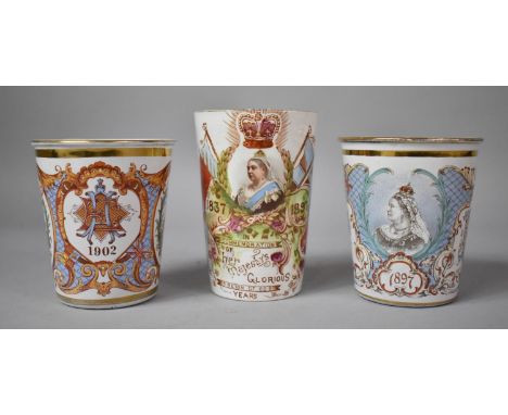 Two Enamelled and One Ceramic Victorian and Edwardian Jubilee Beakers 
