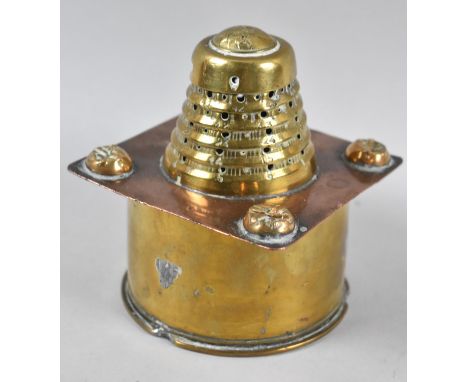 A WWI Cooper and Brass Trench Art Item in the Form of Pierced Shell Cone on Square Stand with Four Death or Glory Queen's Roy