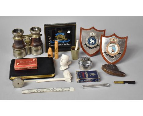 A Collection of Curios to Include Military Shields, Vintage Binoculars, Clay Pipe Heads, Leather Cigar Case etc 