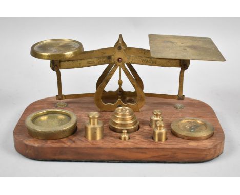 A Vintage Set of Brass Postage Scales on Rectangular Wooden Plinth, Complete with Selection of Weights 