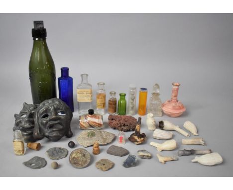 A Collection of Vintage and Other Curios to Include Chemists Bottles, Clay Pipe Bowls, Happy and Sad Masks, Fossils and Finds