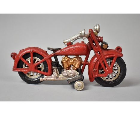 A Reproduction Painted Cast Iron Model of a Vintage Motorcycle, 22cm Long 