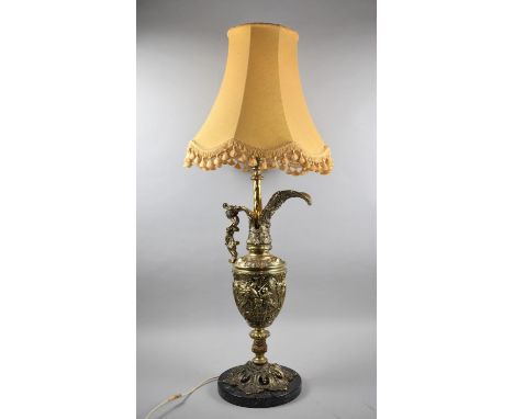 A Large and Heavy Italian Gilt Brass Table Lamp in the Form of a Wine Ewer with Relief Decoration and Maiden Handle, Circular