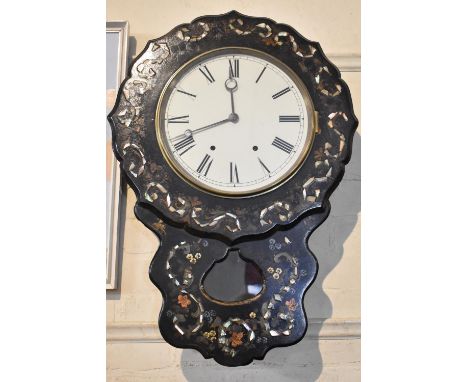 A Late 19th Century Mother of Pearl Inlaid Papier Mache Drop Dial Wall Clock, 71cm high 