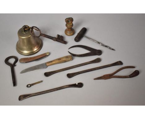 A Collection of Metalware Curios to Include Bell, Bell Weight, Tools, Key etc 