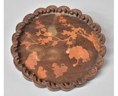 A Mid 20th Century Inlaid Oriental Circular Tray Decorated with Children Playing in Garden Scalloped Edge, 21.5cm Diameter 