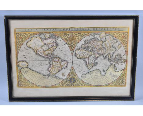 A Framed Print of the Twin Hemisphere Map by Gerardi Mercatoris, 56x37cm 