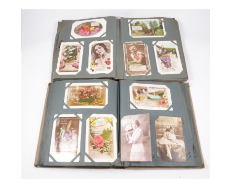 Georgian silk embroidered and painted oval panel, Harvest Girl, oak frame, 38cm x 34cm; two postcard albums; cigarette card a