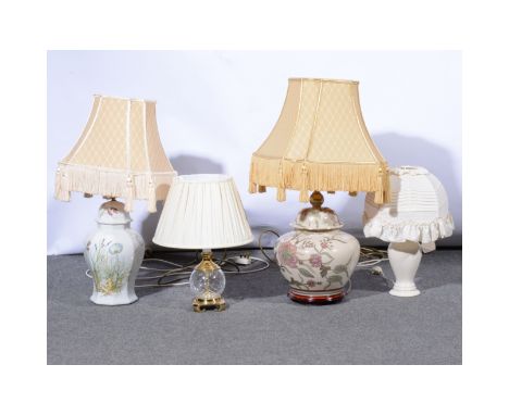 Modern alabaster table lamp, urn shape, with shade 67cm; and a collection of other contemporary table lamps.