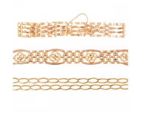 Two bracelets and a necklace, a 9 carat yellow gold four bar gate link bracelet, approximate weight 8.5gms, a 9 carat yellow 