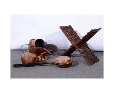 Burmese book-stand; copper coal scuttle; copper kettle and teapot.