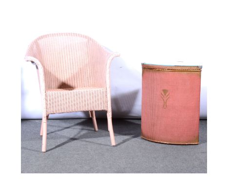 Pink painted Lloyd Loom bedroom chair, width 66cm; another woven cane chair and a mesh corner linen bin. (3)