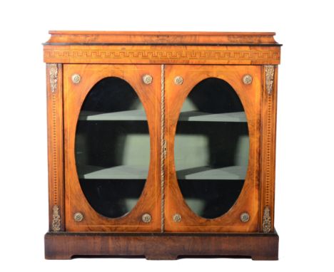 Victorian walnut and marquetry vitrine, rectangular top, cavetto edge, Greek key frieze, two oval glazed doors enclosing shel