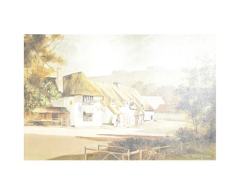 Follower of Rowland Hilder, Abbey Mill, Tewkesbury, watercolour, 38cm x 67cm, unframed; oil painting of a thatched pub, after