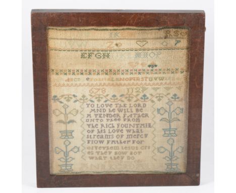 Victorian needlework sampler, by Anna Kendell, with an alphabet and prayer text, framed, 34cm x 31cm.