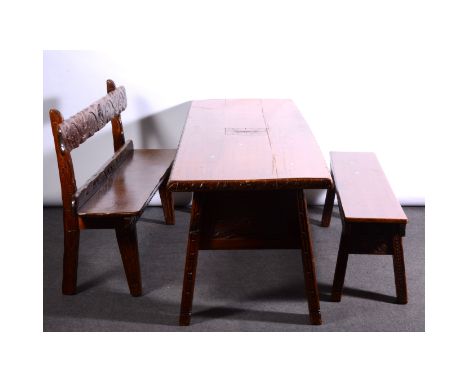 Carved varnished pine suite of dining furniture, comprising table, rectangular boarded top, carved edge, splayed leaf carved 