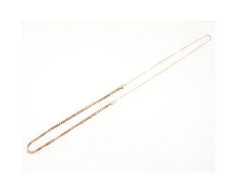 A yellow metal necklace, 4.5mm block link 34mm long with a bead to each end and 34cm of fine box link chain, overall length 7