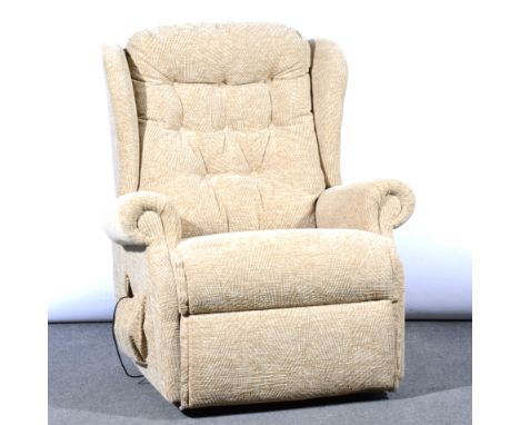 Traditional three seat sofa, upholstered in patterned cotton brocade, length 225cm; electric recliner chair. (2)