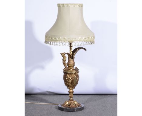 French gilt metal table lamp, designed as a Rococo ewer, circular marble plinth, adjustable shade, currently 100cm.