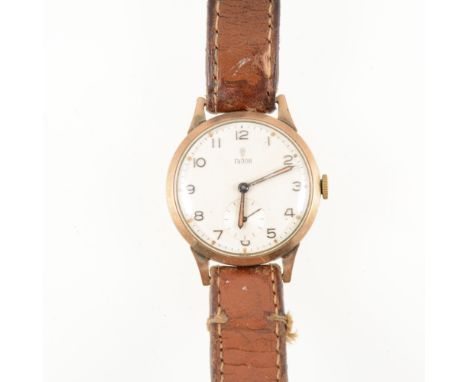 Tudor - A gentleman's presentation wrist watch, circular cream baton dial with subsidiary seconds dial in a yellow metal case