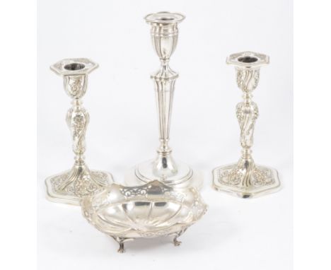 Silver bon bon dish, shaped oval form, pierced borders, four scrolled feet, J.G. Limited, Birmingham 1902, 14cm, 3.5oz; a sil