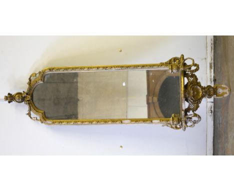 Gilt gesso girandole,stepped rectangular plate,above a shelf with two scrolled sconces, height 140cm, width 46cm.