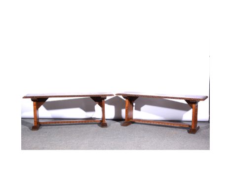 Carved oak and pine bench, rectangular top, splayed legs, 124cm x 42cm, height 46cm; a very similar bench, and three others.