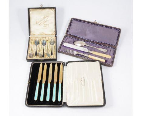 Silver / plated cased sets of flatware; silver handled knives, enamel spoons, rest plated, odd silver spoons.