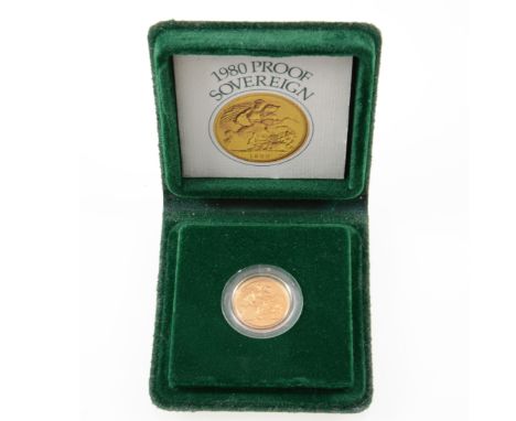 A 1980 Proof Full Sovereign - Elizabeth II in a Royal Mint green box with leaflet.