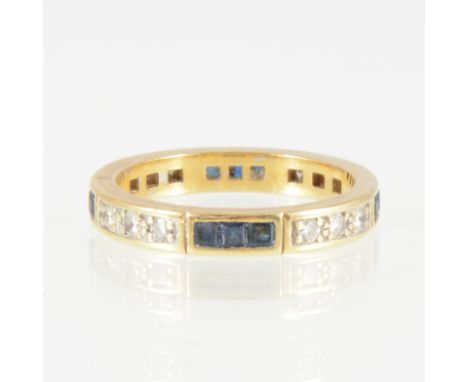 A sapphire and diamond full eternity ring, twelve square cut sapphires and twelve brilliant cut diamonds set in an 18 carat a