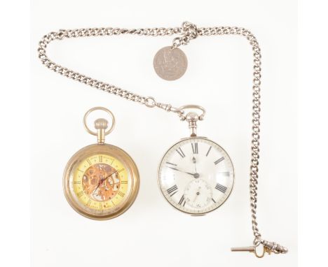 A silver open face pocket watch, 45mm cream dial with roman numeral chapter ring and subsidiary seconds dial in a plain silve